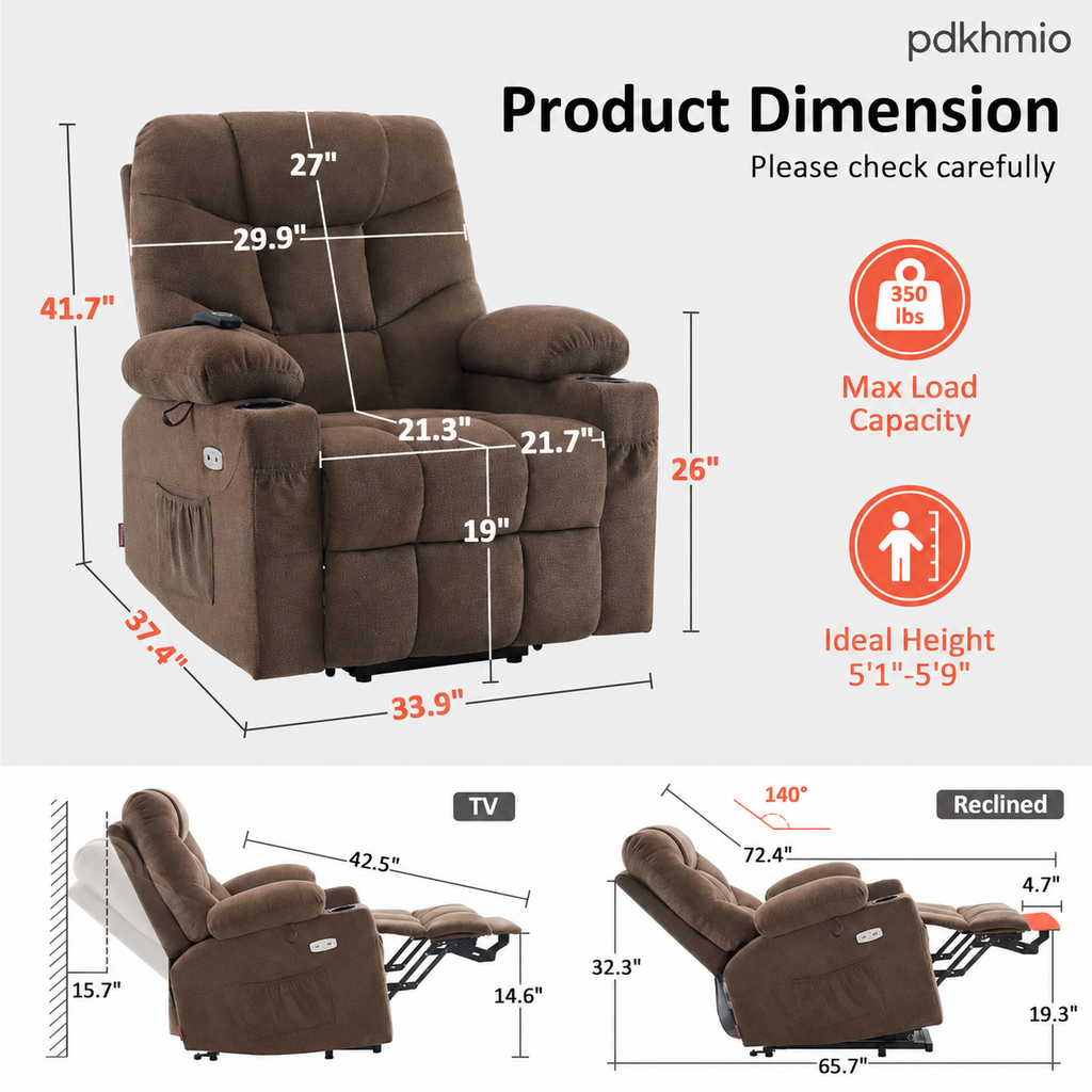 PDKHMIO Power Lift Recliner Chair for Seniors – 140° Recline, Extended Footrest, USB-C Charging & Cup Holder, Brown