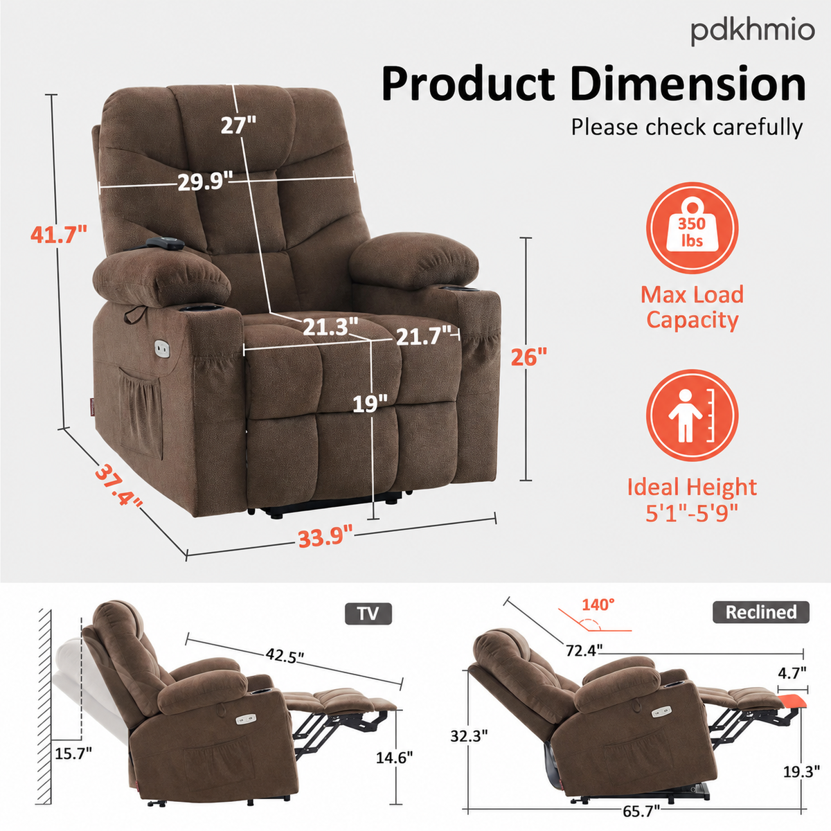 PDKHMIO Power Lift Recliner Chair for Seniors – 140° Recline, Extended Footrest, USB-C Charging & Cup Holder, Brown