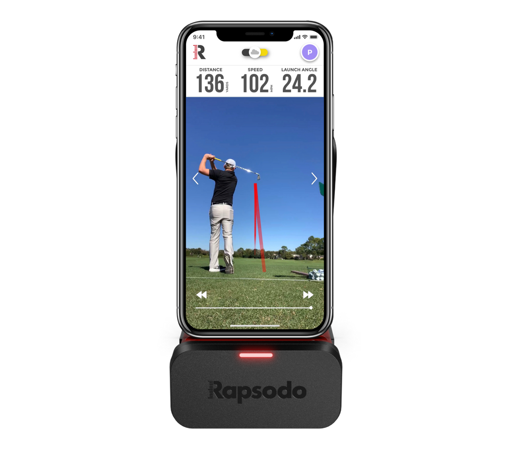 Rapsodo MLM1 with iPhone showing swing replay and shot tracer