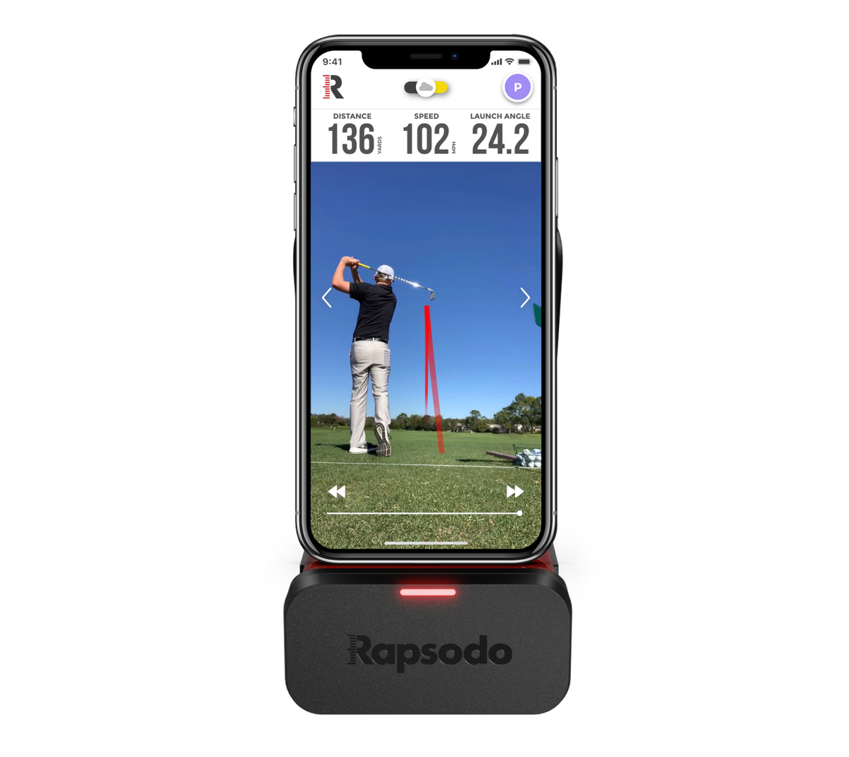 Rapsodo MLM1 with iPhone showing swing replay and shot tracer