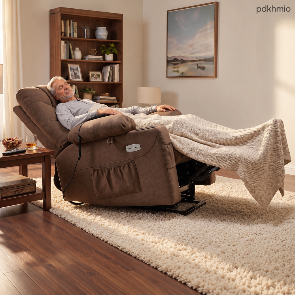 PDKHMIO Power Lift Recliner Chair for Seniors – 140° Recline, Extended Footrest, USB-C Charging & Cup Holder, Brown