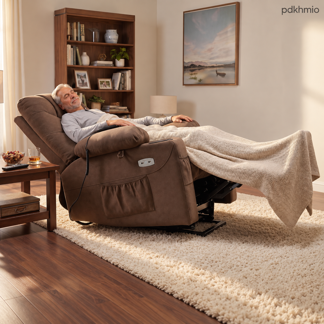 PDKHMIO Power Lift Recliner Chair for Seniors – 140° Recline, Extended Footrest, USB-C Charging & Cup Holder, Brown