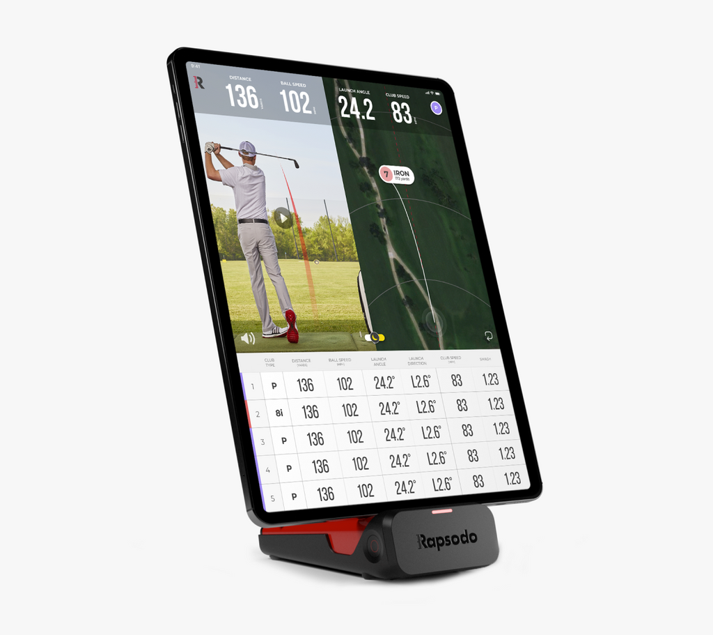 Rapsodo MLM1 with iPad displaying golf shot data