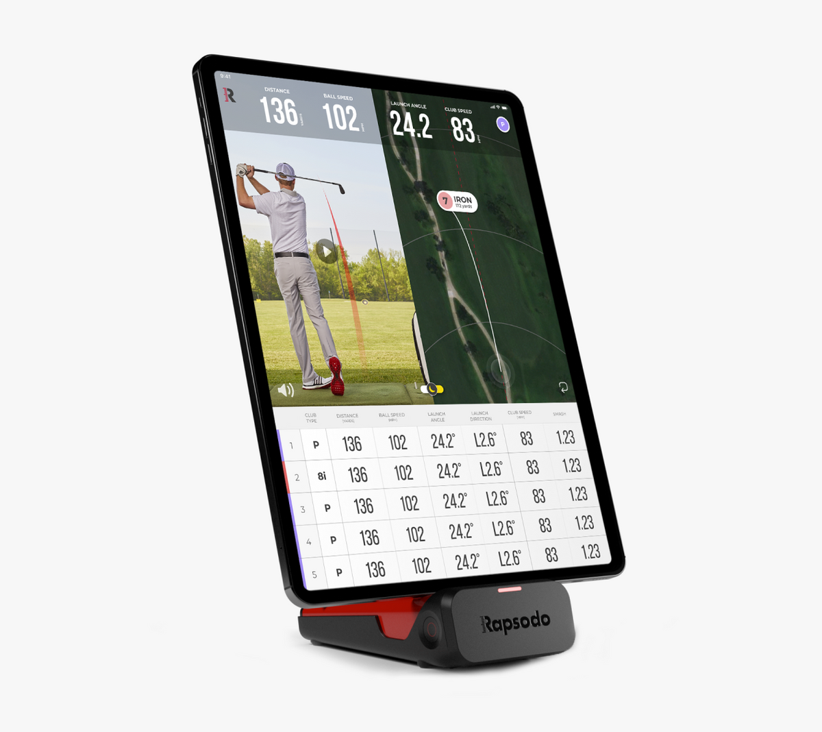 Rapsodo MLM1 with iPad displaying golf shot data